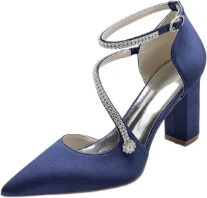 Satin Wedding Shoes for Bride Beaded Pointed Toe Block Sandals Pumps with Heels Heeled Closed Toe Ankle Buckle Strap Evening Party Dress Shoes Summer