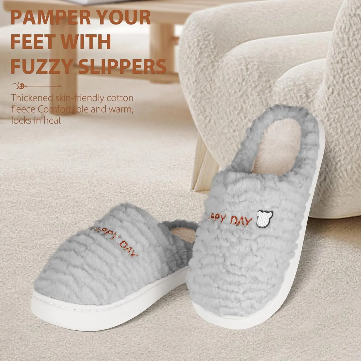 Slippers for Women-Fuzzy Memory Foam Slippers Soft Lightweight Warm Slip On House Slippers,Anti-Skid Cozy Plush for Indoor Outdoor Slipper
