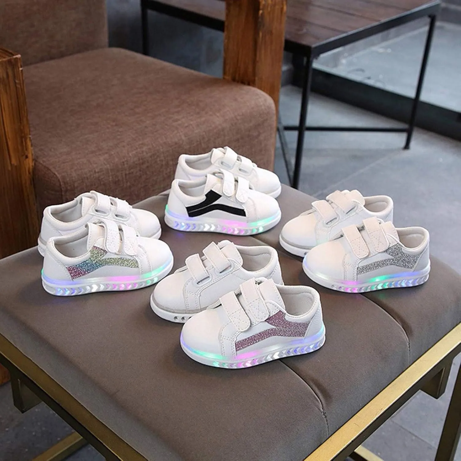 Sneakers for Girls LED Light Flashing Shoes with Hook and Loop Breathable Sports Running Walking Athletic Shoes for Kids