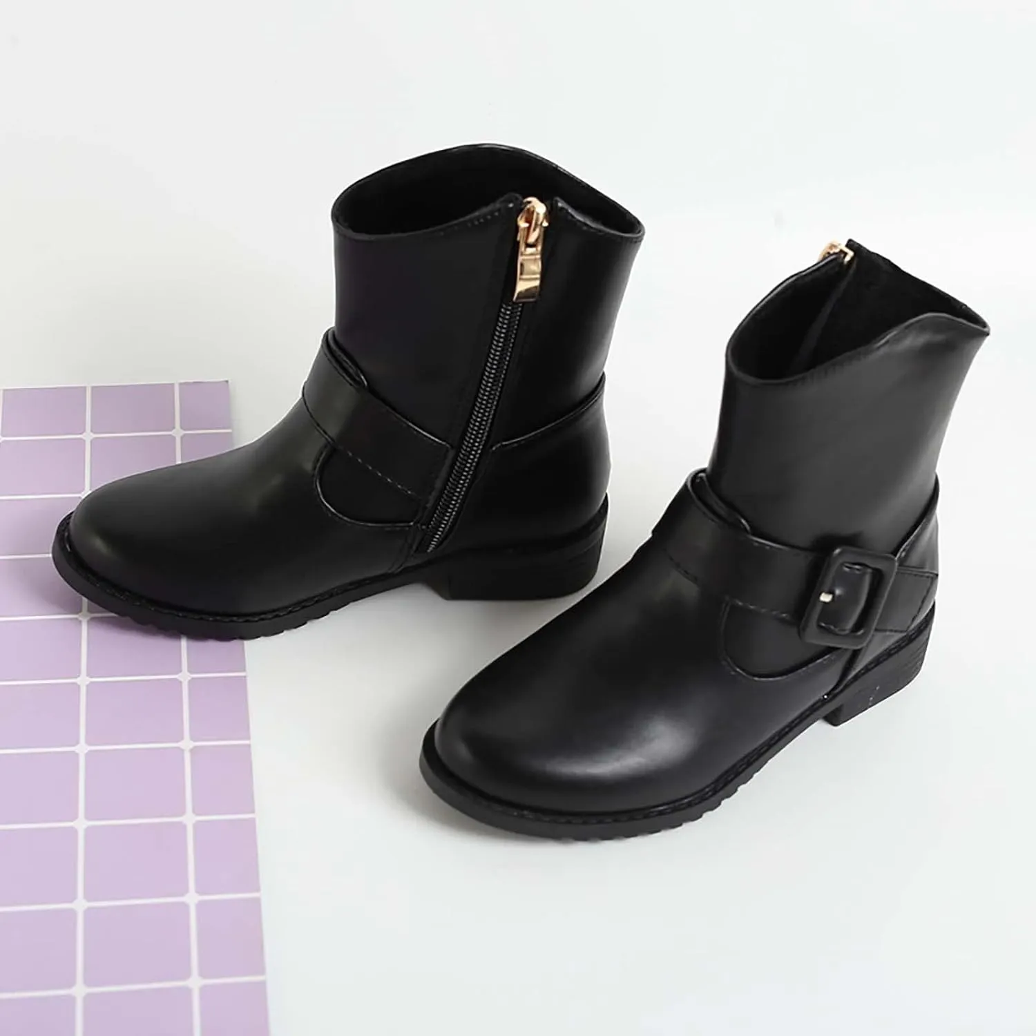 Soft Bottom Shoes Baby Girls Buckle Decor Side Zipper Western Boots Kids Ankle Boots Girls Low Heel Riding Booties