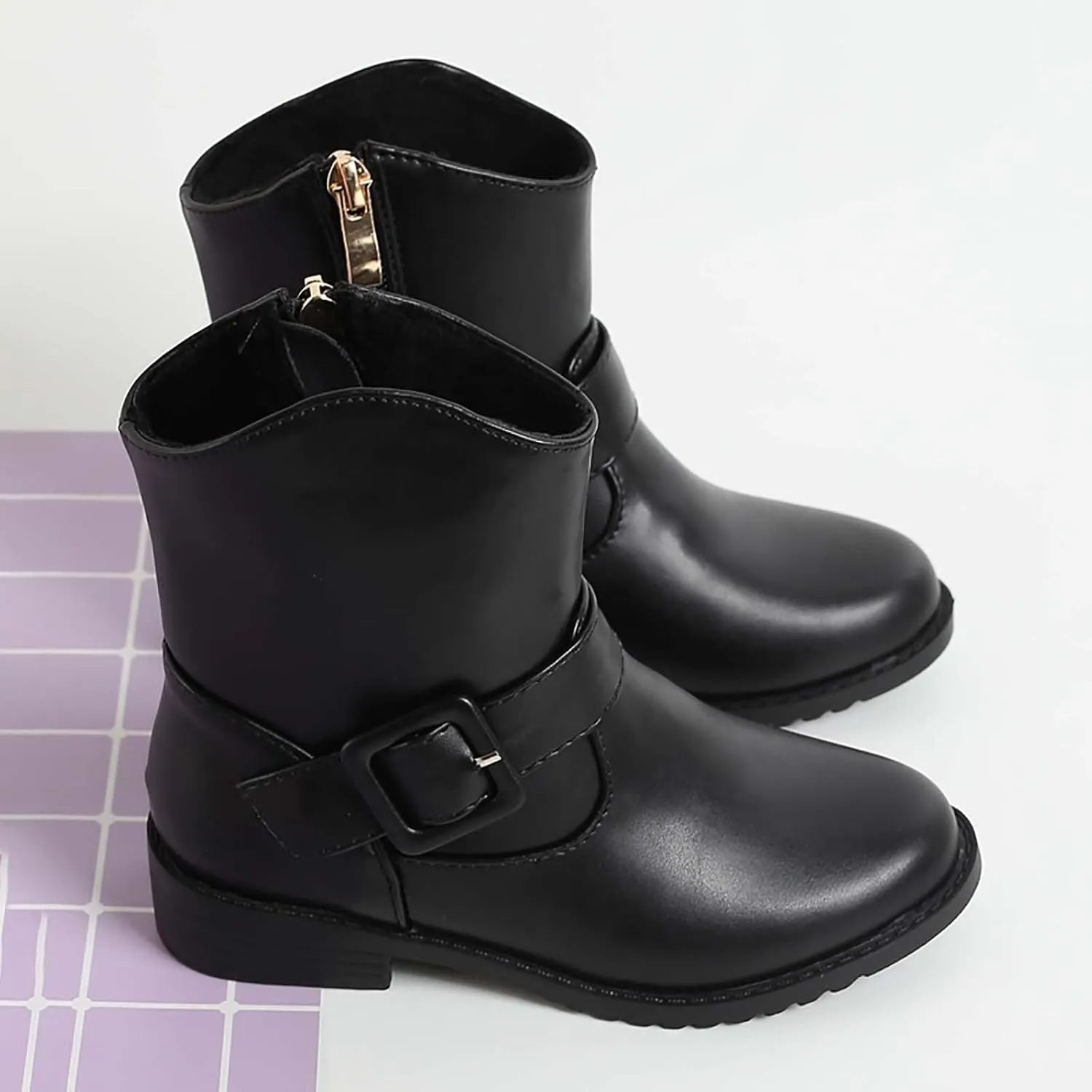 Soft Bottom Shoes Baby Girls Buckle Decor Side Zipper Western Boots Kids Ankle Boots Girls Low Heel Riding Booties