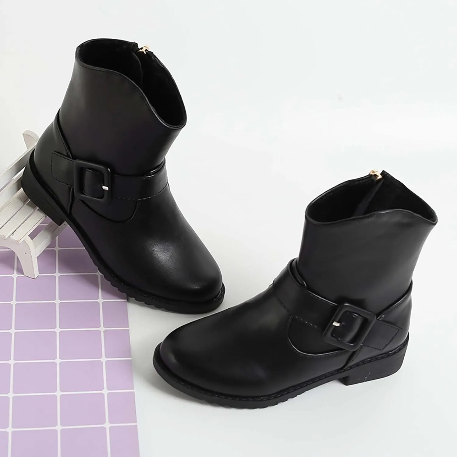 Soft Bottom Shoes Baby Girls Buckle Decor Side Zipper Western Boots Kids Ankle Boots Girls Low Heel Riding Booties