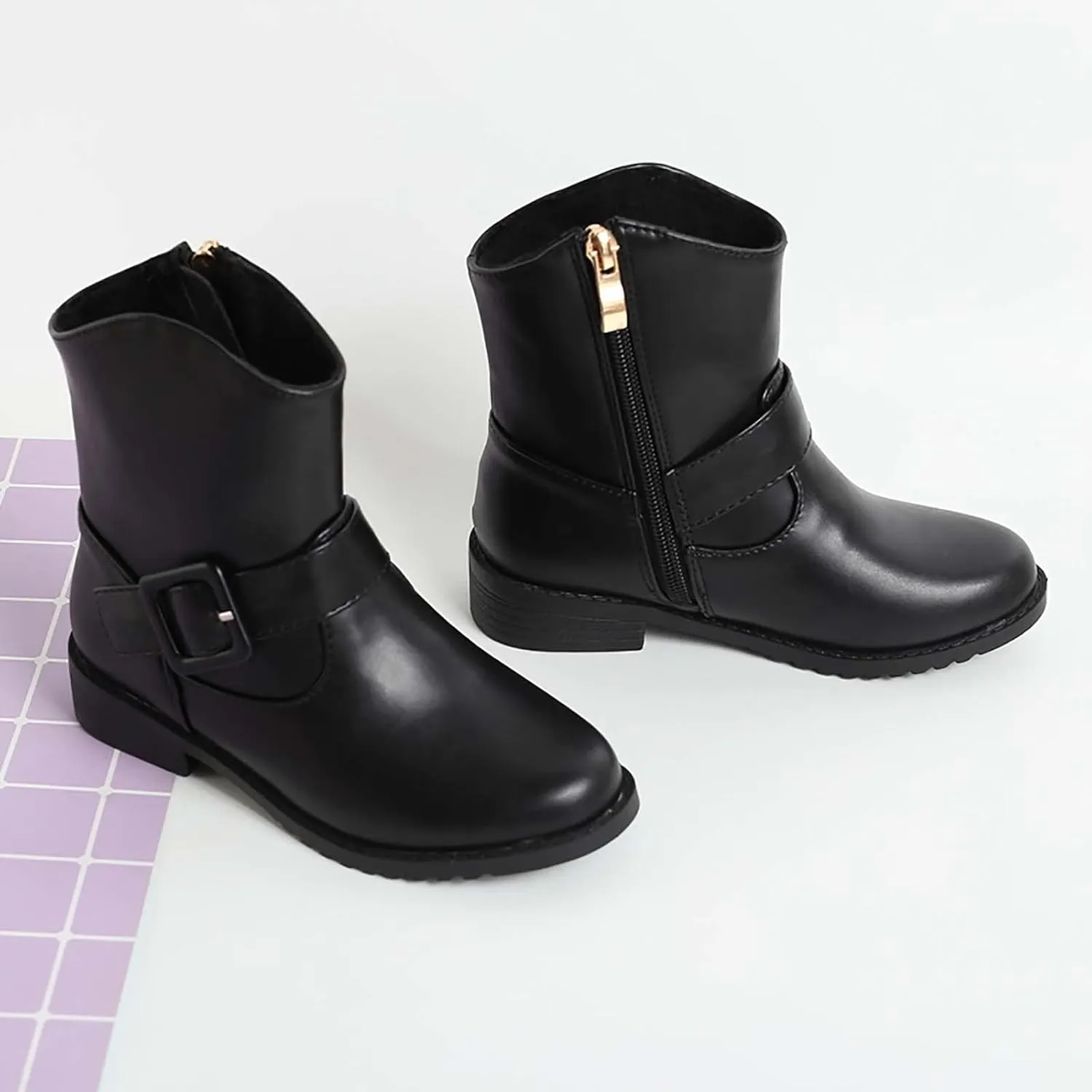 Soft Bottom Shoes Baby Girls Buckle Decor Side Zipper Western Boots Kids Ankle Boots Girls Low Heel Riding Booties