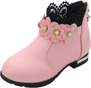 Toddler Boots Baby Girl Boy Warm ?aterproof Winter 3D Flowers Ankle Boots Leather Soft Sole Non-Slip (Pink, 1 Big Kids)