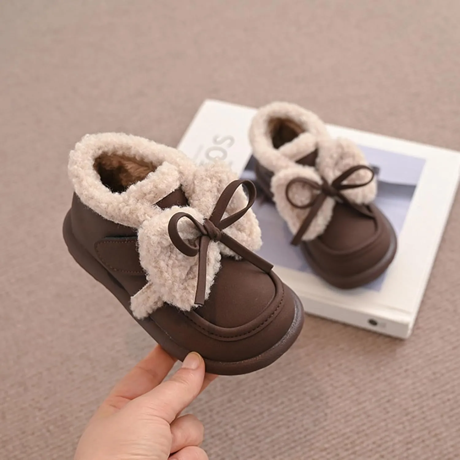 Toddler Girls Fleece Plush Ankle Boots Kids Winter Fashion Cute Bowknot Cotton Fr ining Comfy Soft Warm Shoes