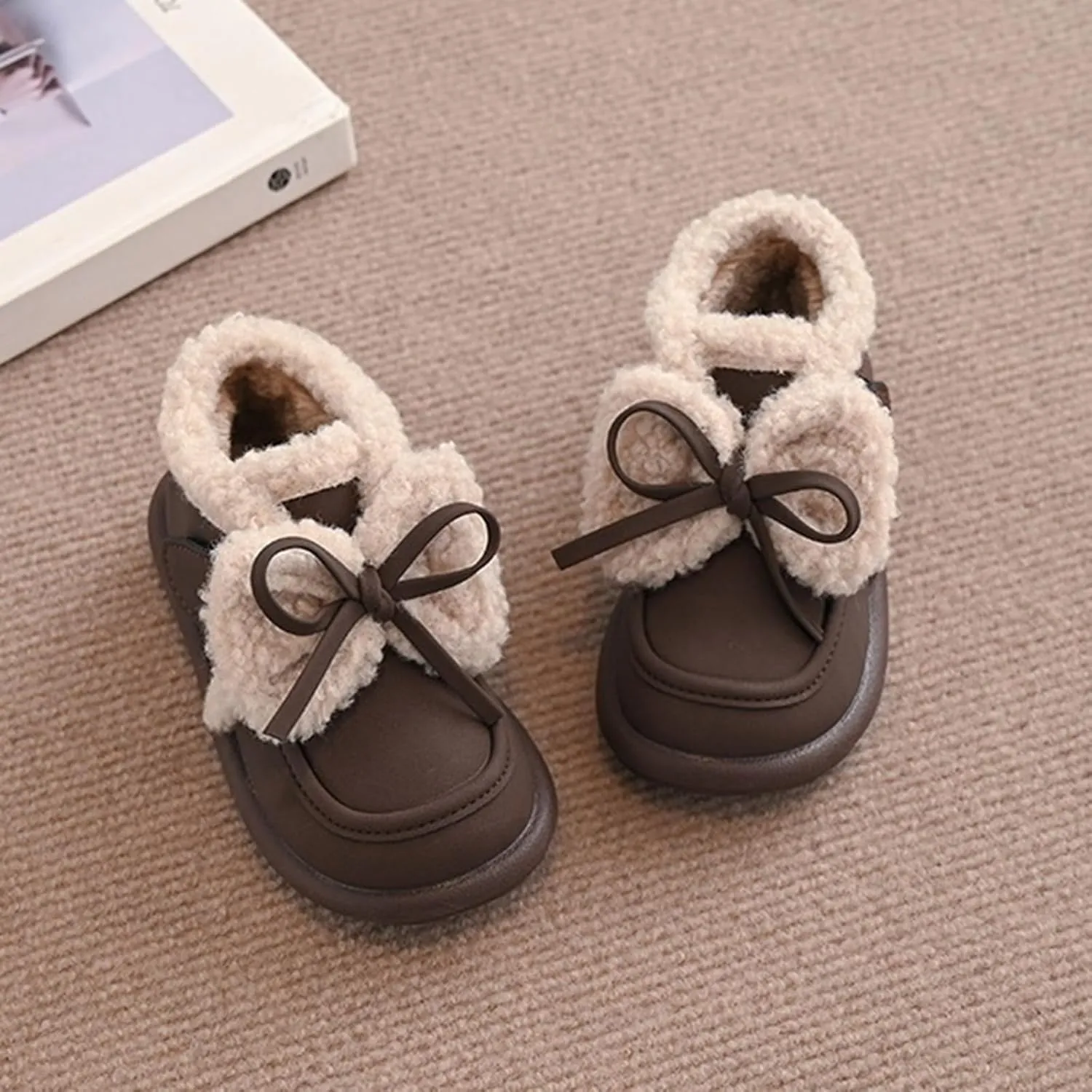 Toddler Girls Fleece Plush Ankle Boots Kids Winter Fashion Cute Bowknot Cotton Fr ining Comfy Soft Warm Shoes