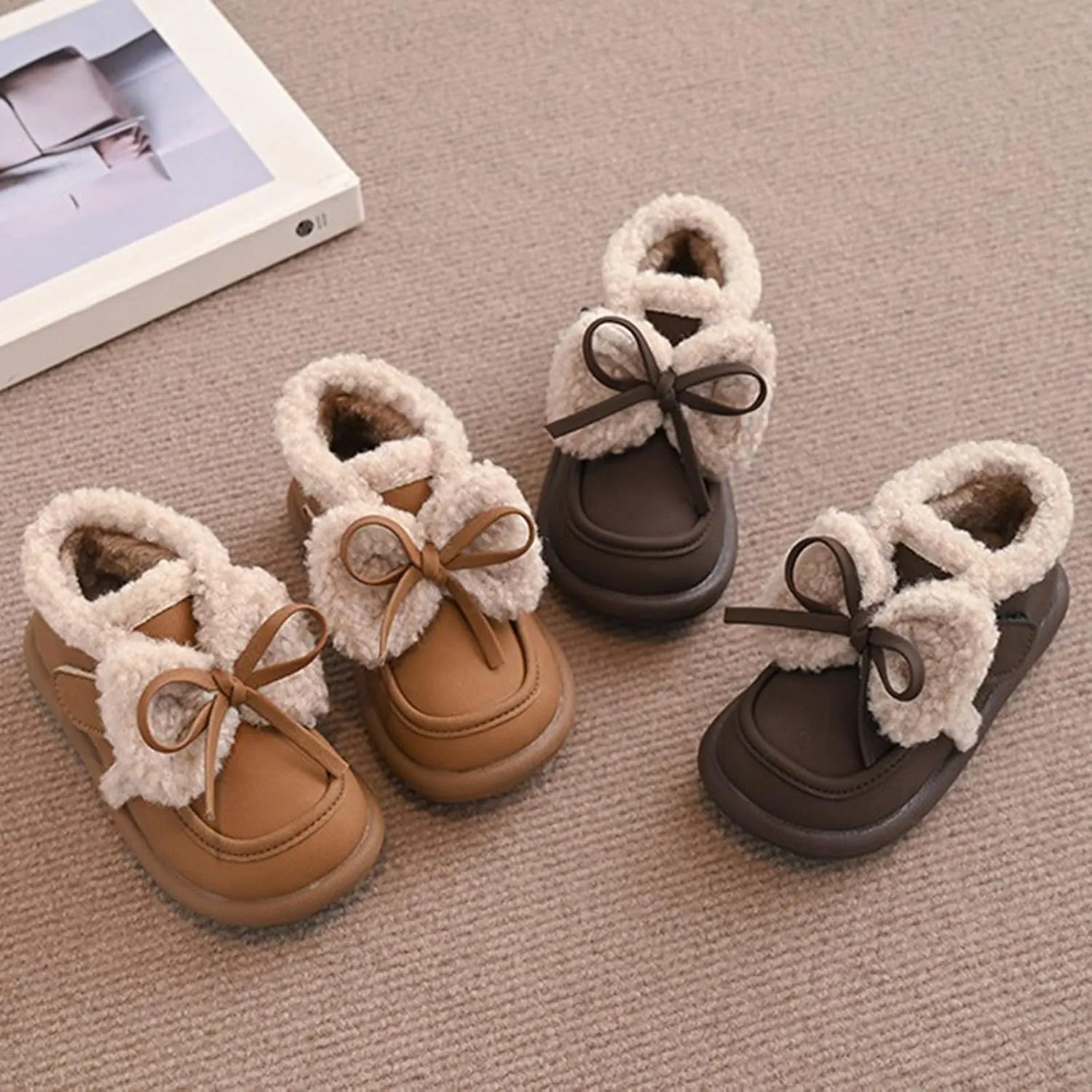 Toddler Girls Fleece Plush Ankle Boots Kids Winter Fashion Cute Bowknot Cotton Fr ining Comfy Soft Warm Shoes