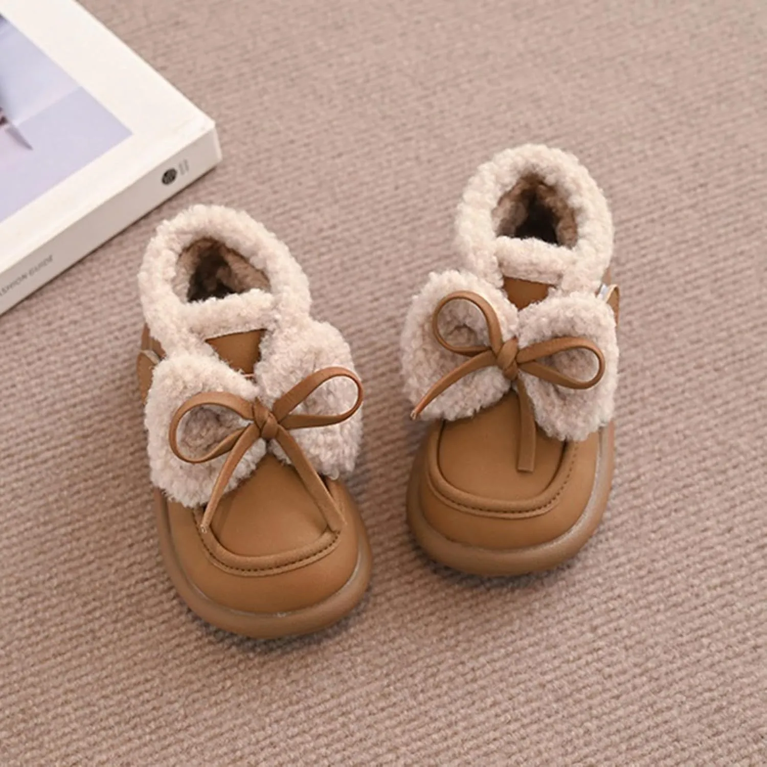 Toddler Kids Cotton Fleece Ankle Boots Winter Fashion Cute Bowknot Fr ining Comfy Soft Warm Walking Shoes