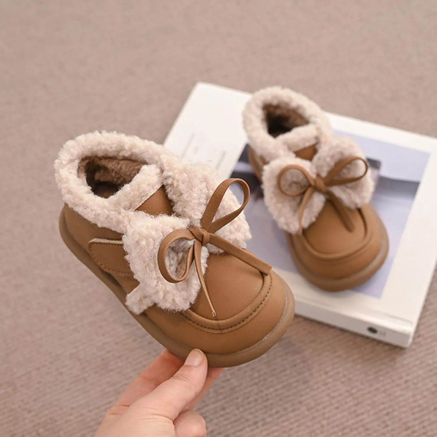 Toddler Kids Cotton Fleece Ankle Boots Winter Fashion Cute Bowknot Fr ining Comfy Soft Warm Walking Shoes