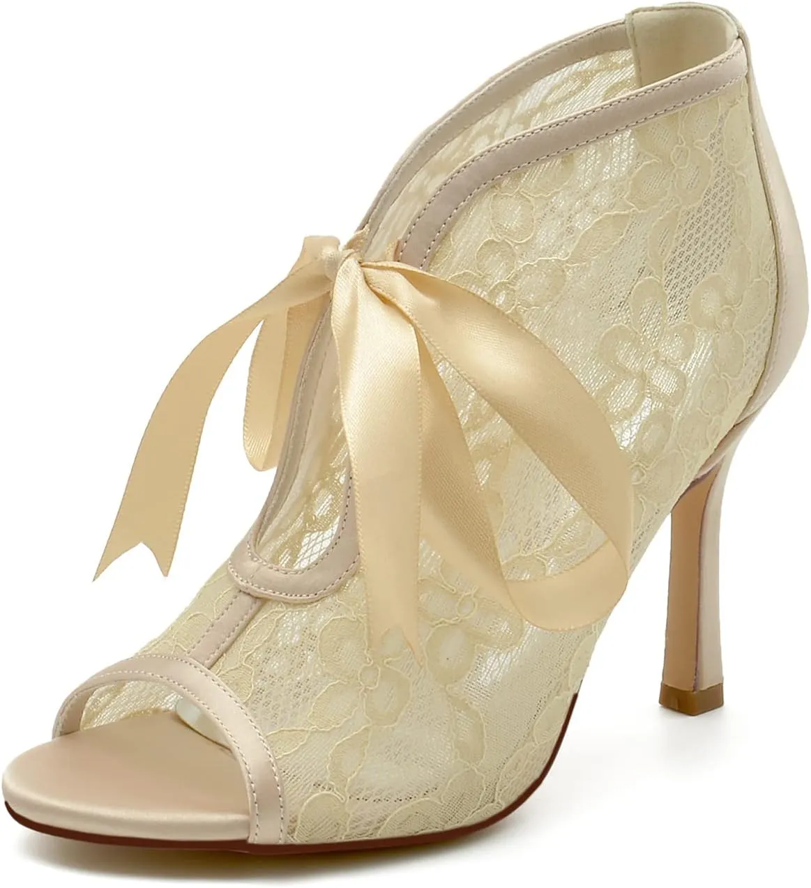 Wedding Dress Shoes for Bride Sandals for Women Lace Ankle Bootie Pumps with Heels Stiletto Heeled Ribbon Tie Peep Toe High Heels Sandal