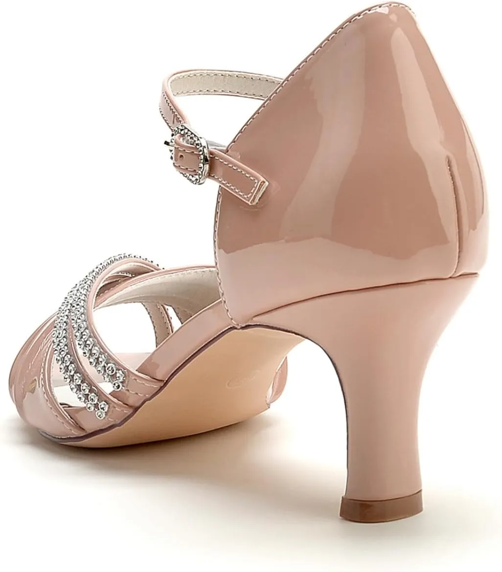 Wedding Shoes Bride High Heel Womens Strappy Heeled Sandal Rhinestones Low Heel Formal Prom Party Dress Shoes 6.5Cm