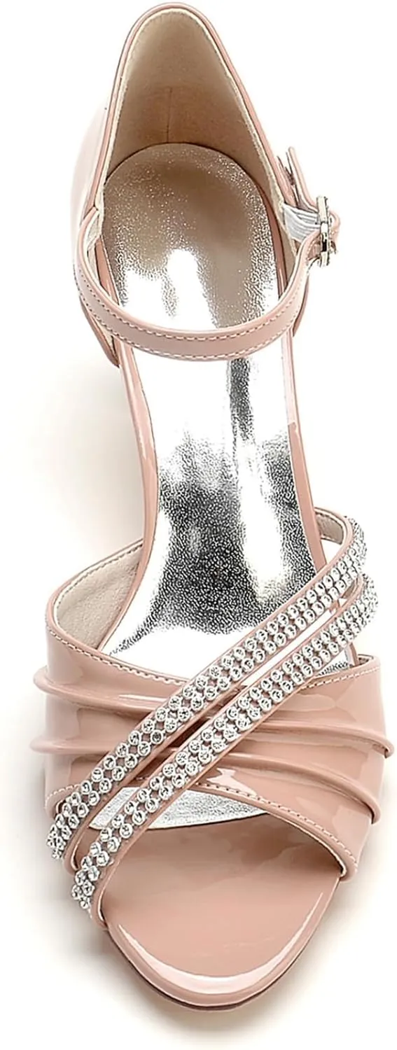 Wedding Shoes Bride High Heel Womens Strappy Heeled Sandal Rhinestones Low Heel Formal Prom Party Dress Shoes 6.5Cm
