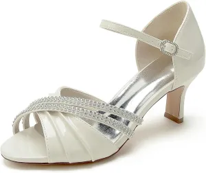 Wedding Shoes Bride High Heel Womens Strappy Heeled Sandal Rhinestones Low Heel Formal Prom Party Dress Shoes 6.5Cm