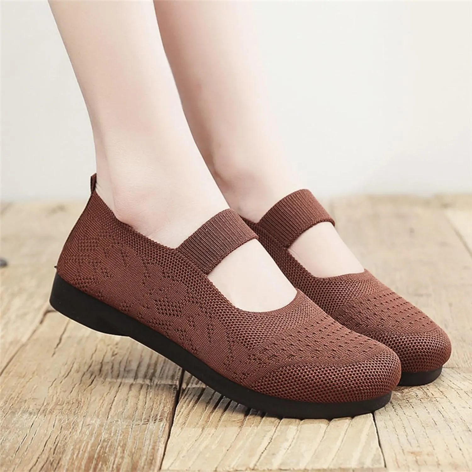 Women Mary Jane Flat Shoes Slip on Washable Knit Casual Flat𝐬 Wide Toe Box Comofortable Ballet Flat with Adjustable Straps