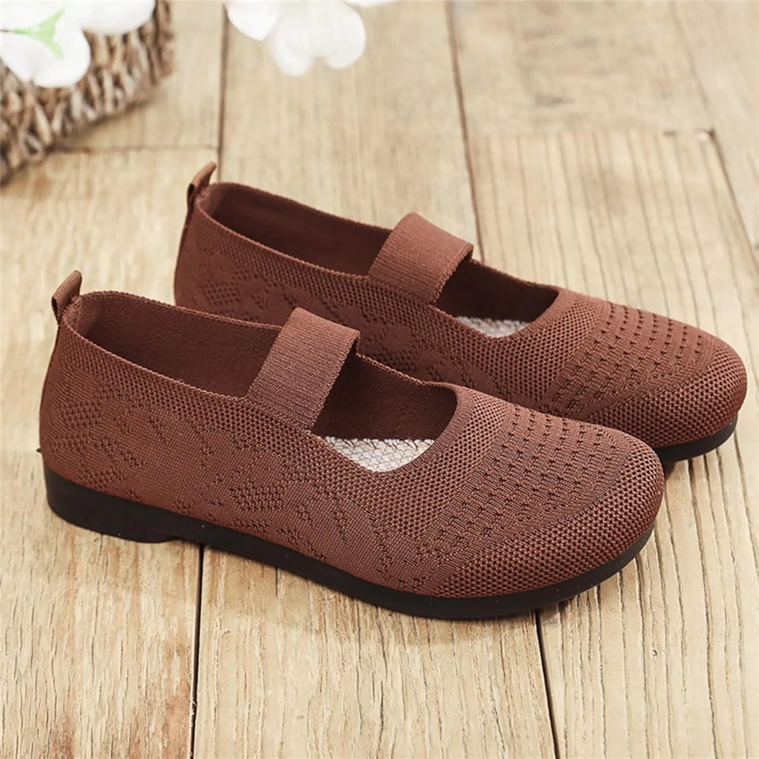 Women Mary Jane Flat Shoes Slip on Washable Knit Casual Flat𝐬 Wide Toe Box Comofortable Ballet Flat with Adjustable Straps