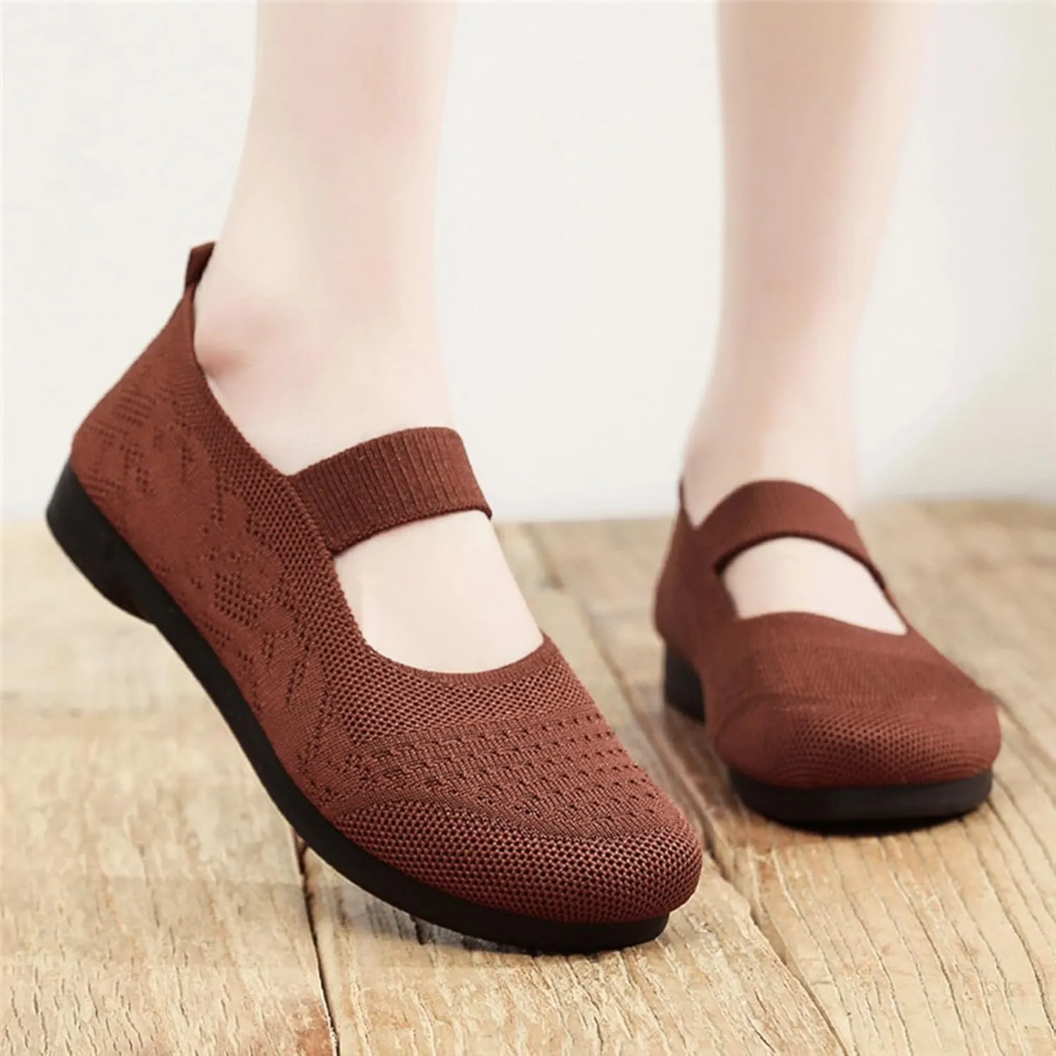 Women Mary Jane Flat Shoes Slip on Washable Knit Casual Flat𝐬 Wide Toe Box Comofortable Ballet Flat with Adjustable Straps