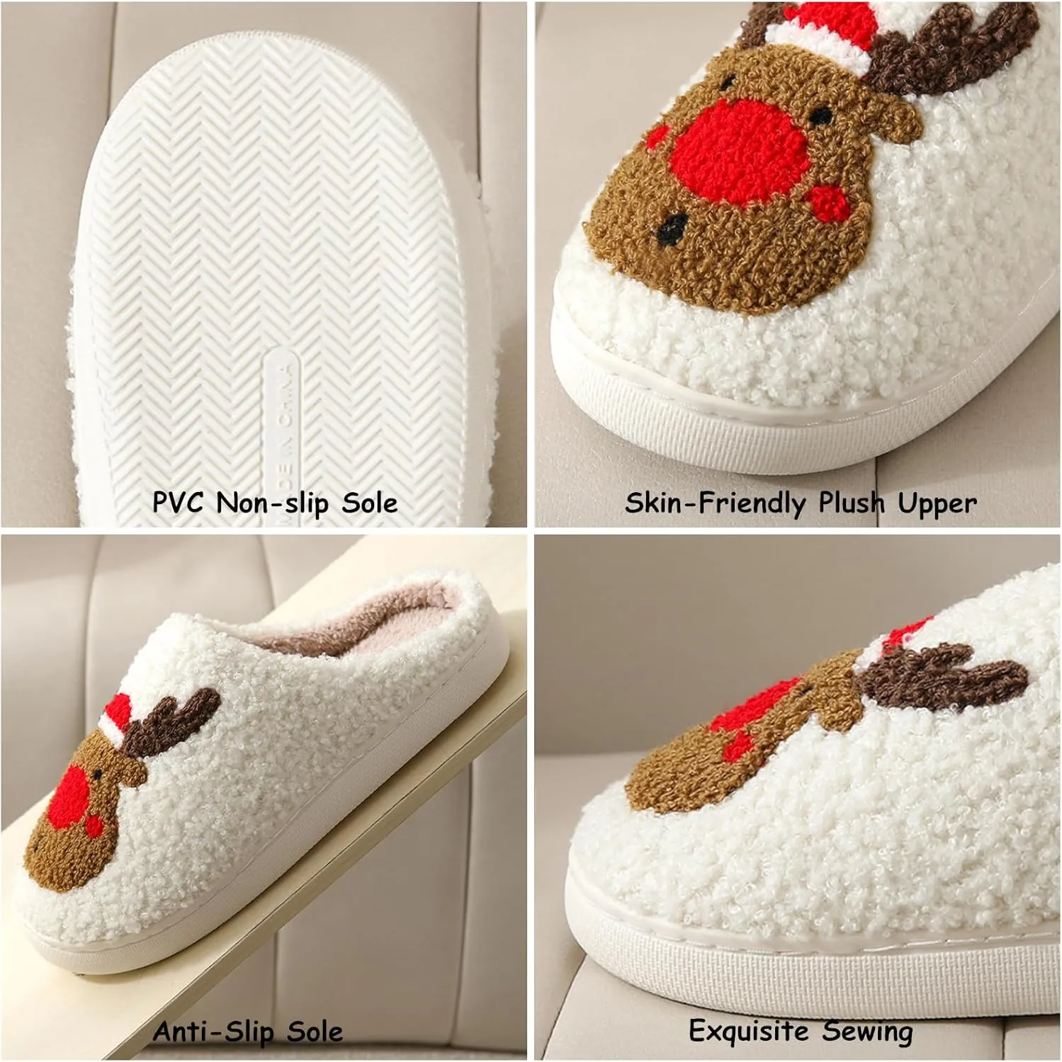 Women Men Cute Christmas Slippers, Indoor Soft Cozy Plush House Slippers, Winter Reindeer Slip-on Slippers, Slides Fluffy Warm Fleece Slippers, Couple Cute Plush Fleece Soft Shoes