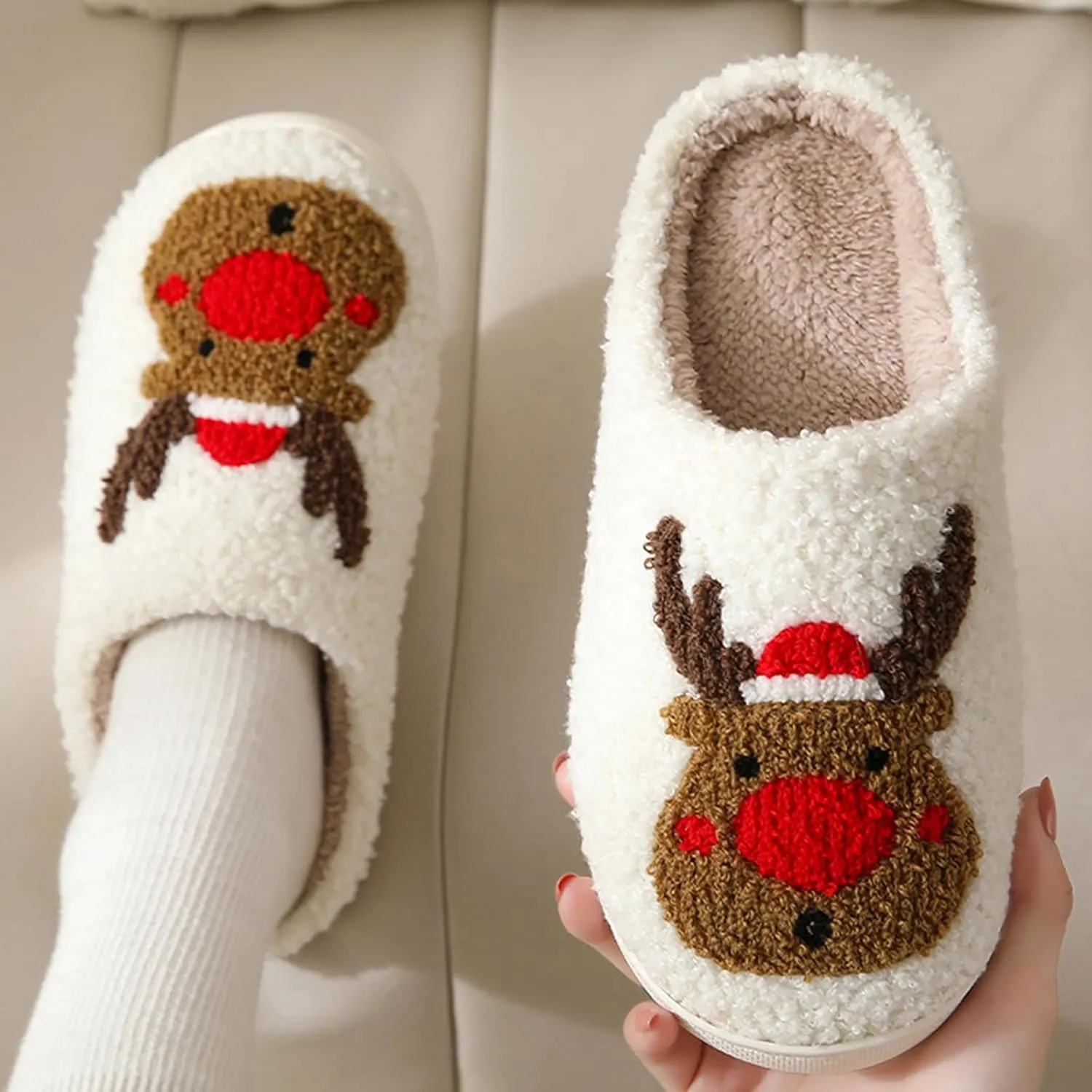 Women Men Cute Christmas Slippers, Indoor Soft Cozy Plush House Slippers, Winter Reindeer Slip-on Slippers, Slides Fluffy Warm Fleece Slippers, Couple Cute Plush Fleece Soft Shoes