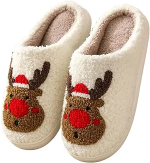 Women Men Cute Christmas Slippers, Indoor Soft Cozy Plush House Slippers, Winter Reindeer Slip-on Slippers, Slides Fluffy Warm Fleece Slippers, Couple Cute Plush Fleece Soft Shoes