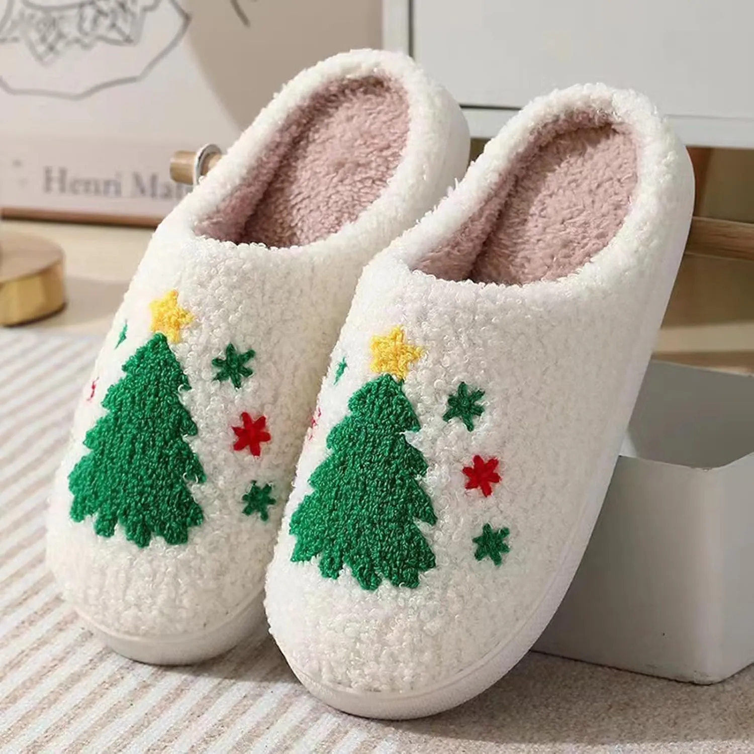 Women Men Cute Christmas Slippers, Indoor Soft Cozy Plush House Slippers, Winter Reindeer Slip-on Slippers, Slides Fluffy Warm Fleece Slippers, Couple Cute Plush Fleece Soft Shoes