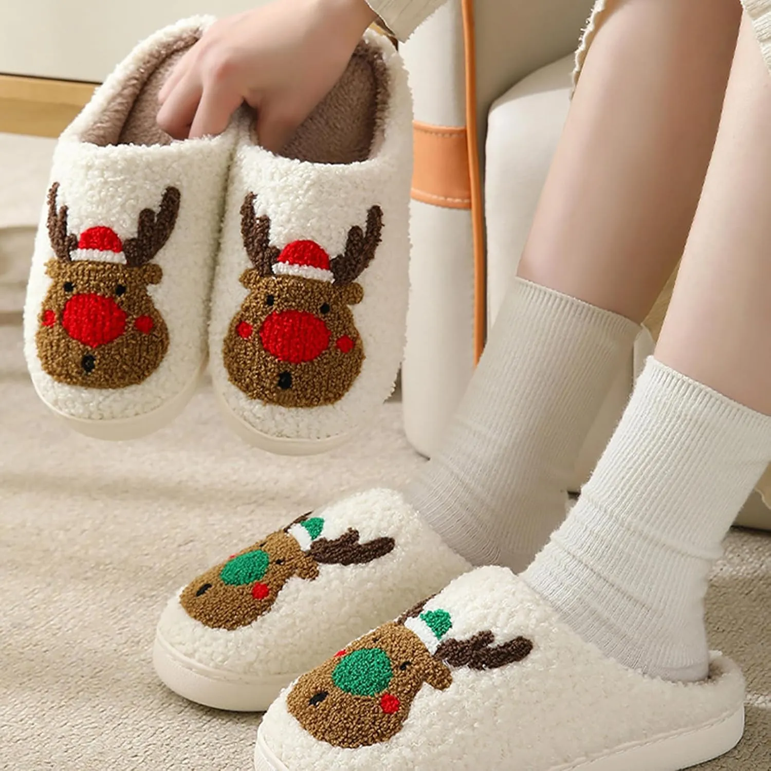 Women Men Cute Christmas Slippers, Indoor Soft Cozy Plush House Slippers, Winter Reindeer Slip-on Slippers, Slides Fluffy Warm Fleece Slippers, Couple Cute Plush Fleece Soft Shoes