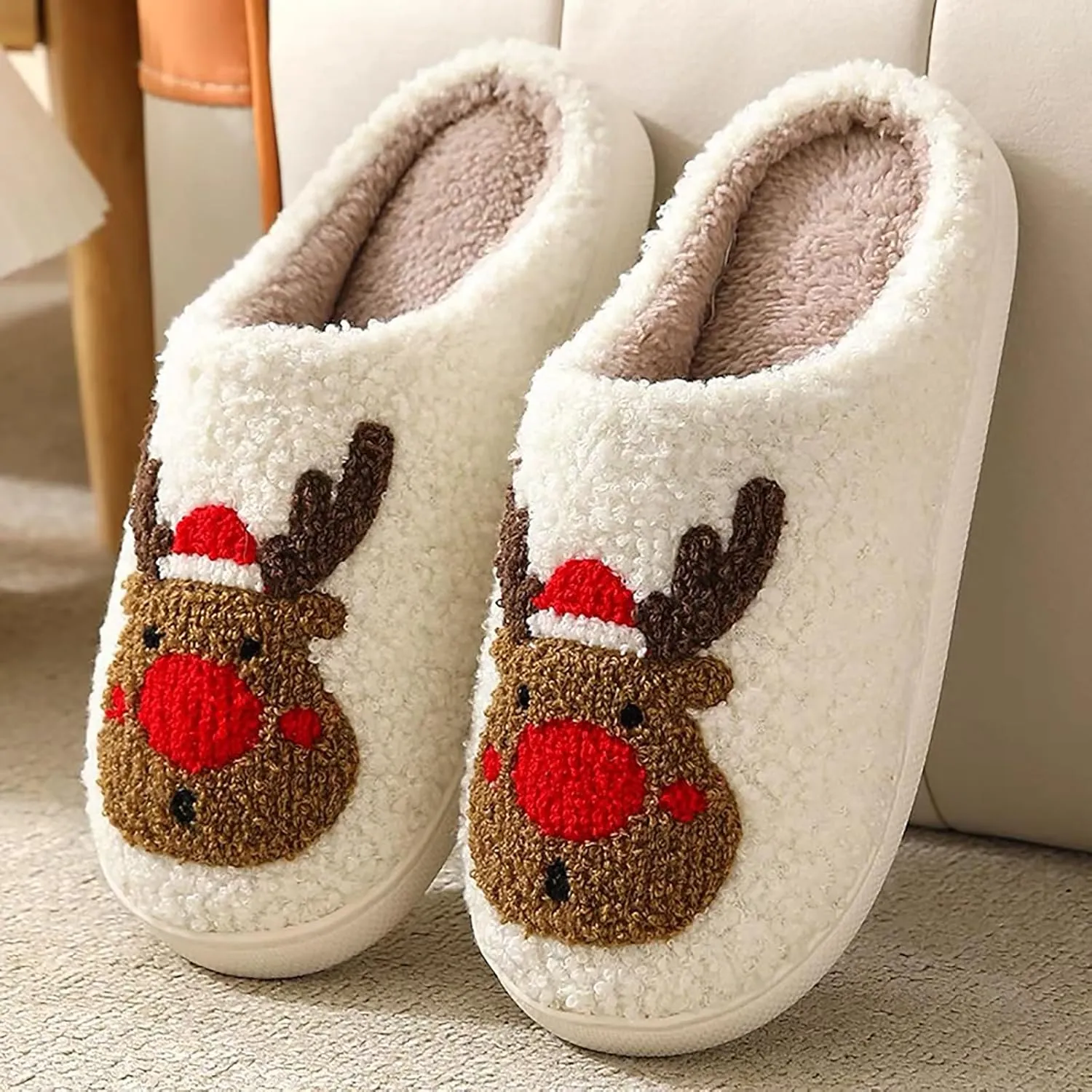 Women Men Cute Christmas Slippers, Indoor Soft Cozy Plush House Slippers, Winter Reindeer Slip-on Slippers, Slides Fluffy Warm Fleece Slippers, Couple Cute Plush Fleece Soft Shoes