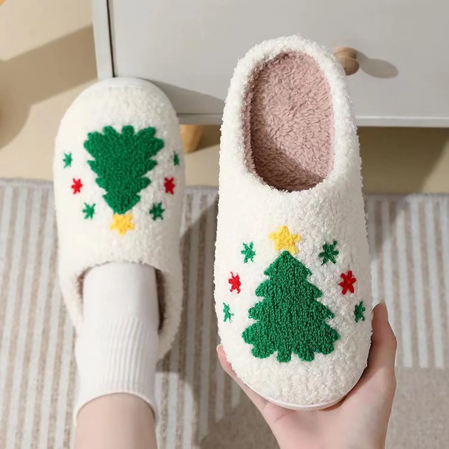 Women Men Cute Christmas Slippers, Indoor Soft Cozy Plush House Slippers, Winter Reindeer Slip-on Slippers, Slides Fluffy Warm Fleece Slippers, Couple Cute Plush Fleece Soft Shoes