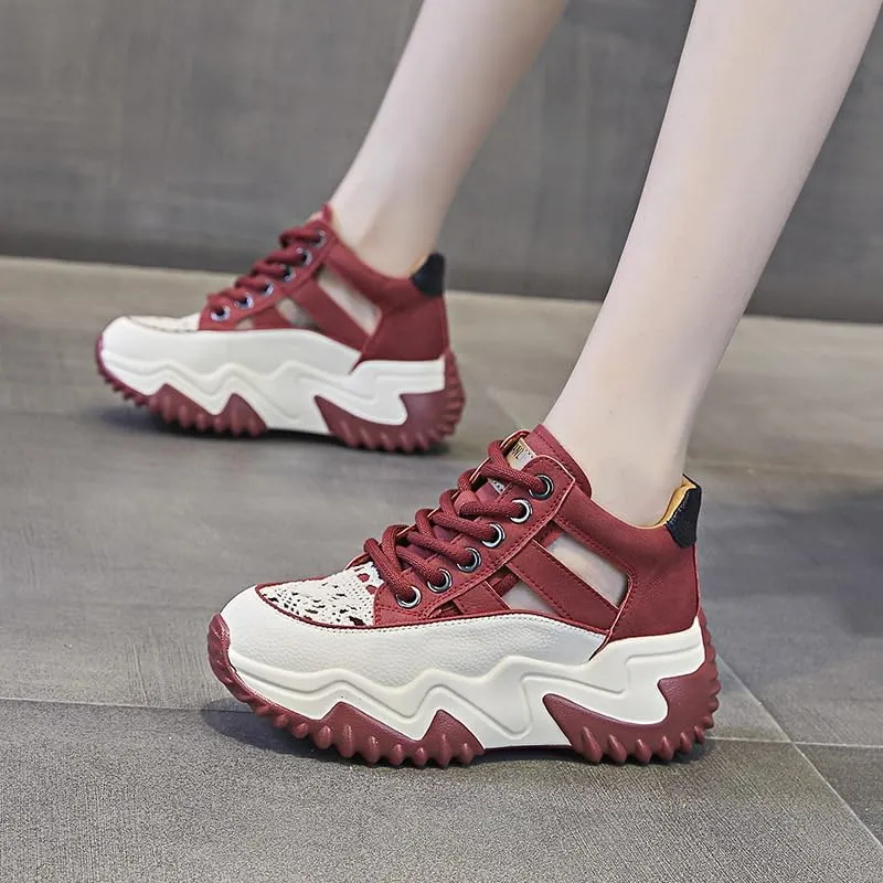 Women's Chunky Sneaker Platform Sandals  Summer Retro Hollowed-Out Leather Casual Shoes with Hidden Height-Increasing Design