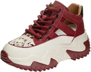 Women's Chunky Sneaker Platform Sandals  Summer Retro Hollowed-Out Leather Casual Shoes with Hidden Height-Increasing Design
