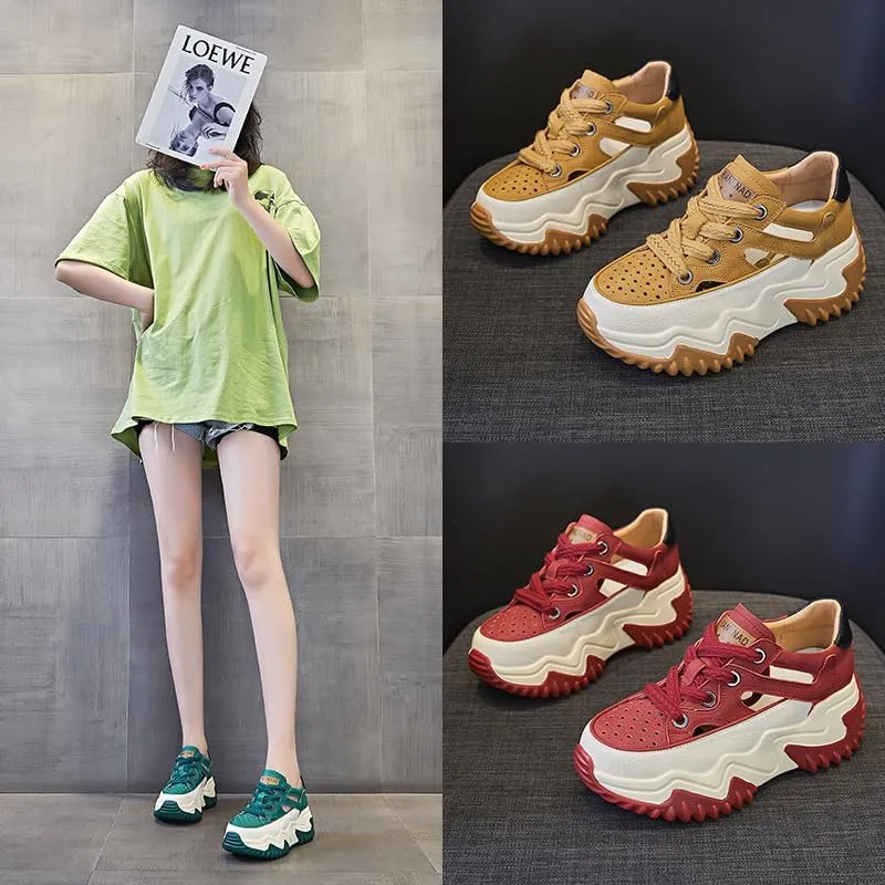 Women's Chunky Sneaker Platform Sandals  Summer Retro Hollowed-Out Leather Casual Shoes with Hidden Height-Increasing Design