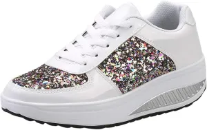 Women's Glitter Platform Wedge Sneaker with Arch Support Sparkly Sequin Lightweight Non Slip Casual Sneakers Lace Up Walking Shoes