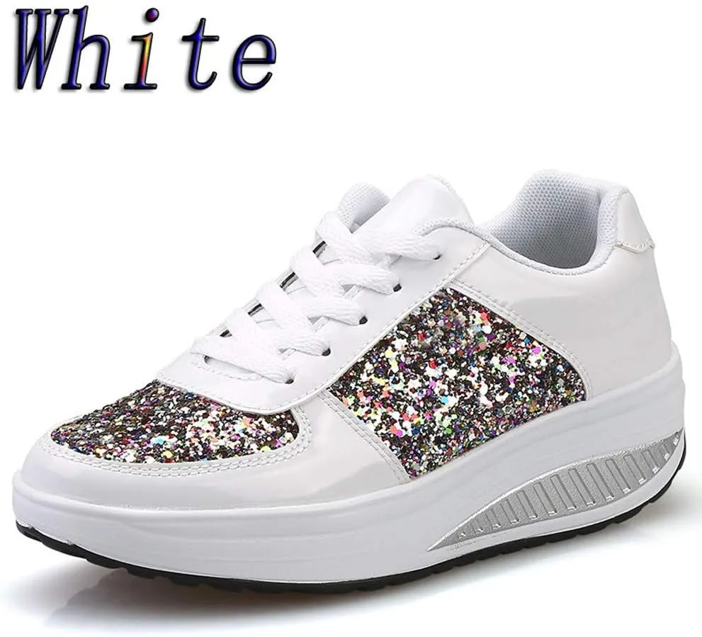 Women's Glitter Platform Wedge Sneaker with Arch Support Sparkly Sequin Lightweight Non Slip Casual Sneakers Lace Up Walking Shoes