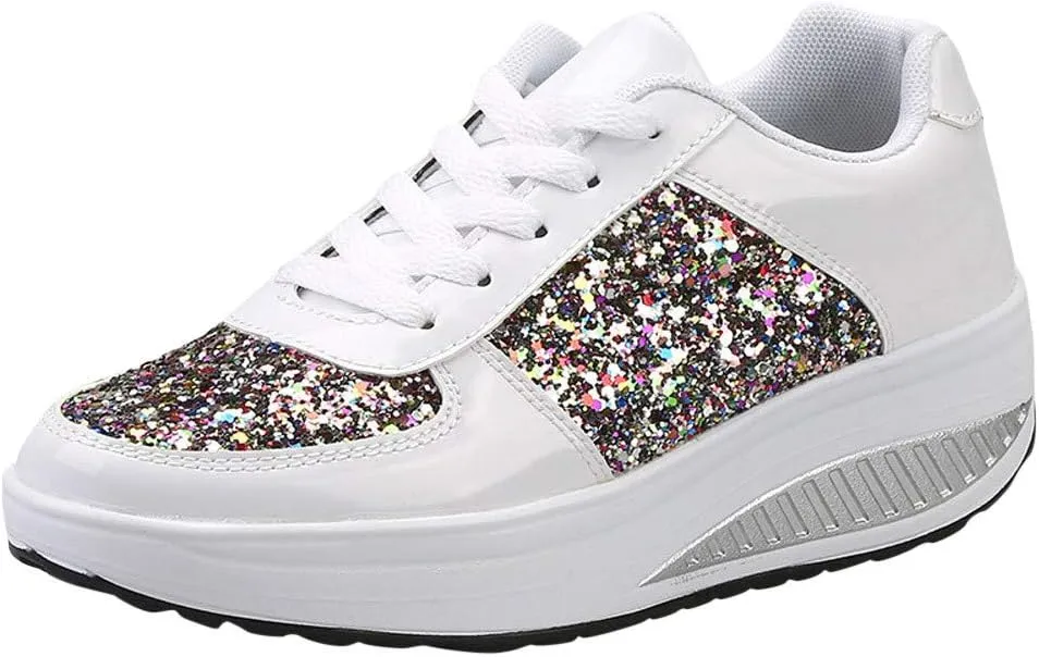 Women's Glitter Platform Wedge Sneaker with Arch Support Sparkly Sequin Lightweight Non Slip Casual Sneakers Lace Up Walking Shoes