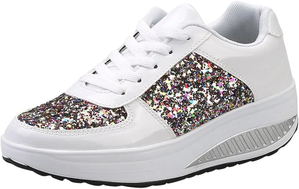 Women's Glitter Platform Wedge Sneaker with Arch Support Sparkly Sequin Lightweight Non Slip Casual Sneakers Lace Up Walking Shoes