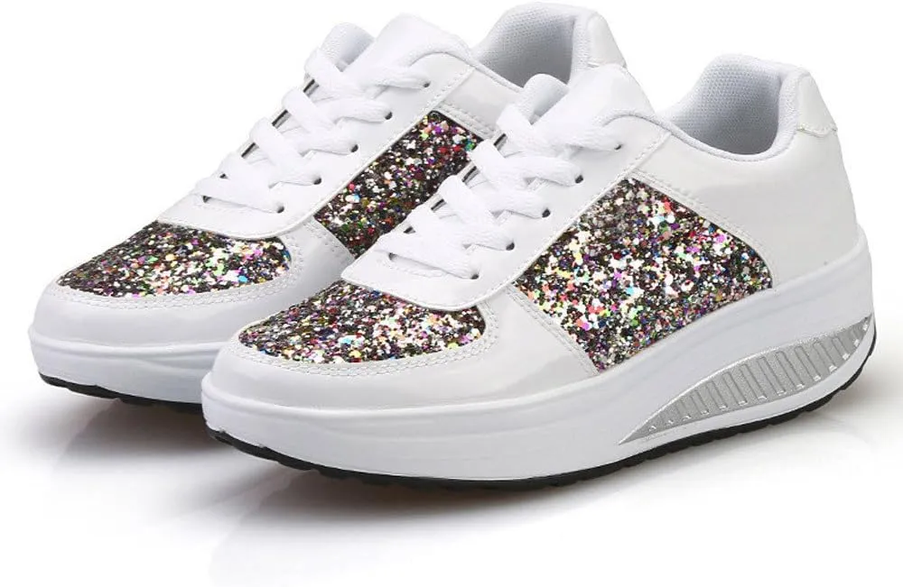Women's Glitter Platform Wedge Sneaker with Arch Support Sparkly Sequin Lightweight Non Slip Casual Sneakers Lace Up Walking Shoes