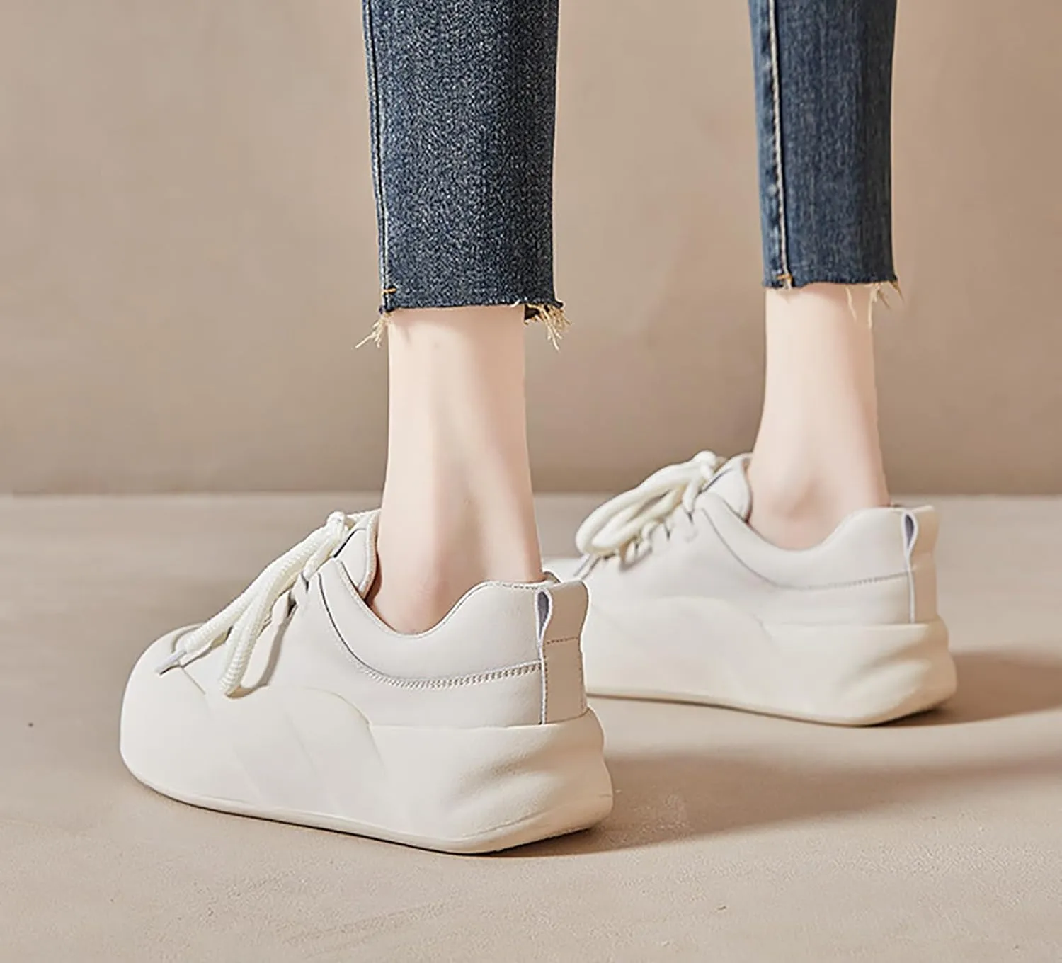 Women's Leather Increase Height Platform Casual Shoes,Outdoor Non-Slip Soft-Soled Shock-Absorbing Running Sneakers