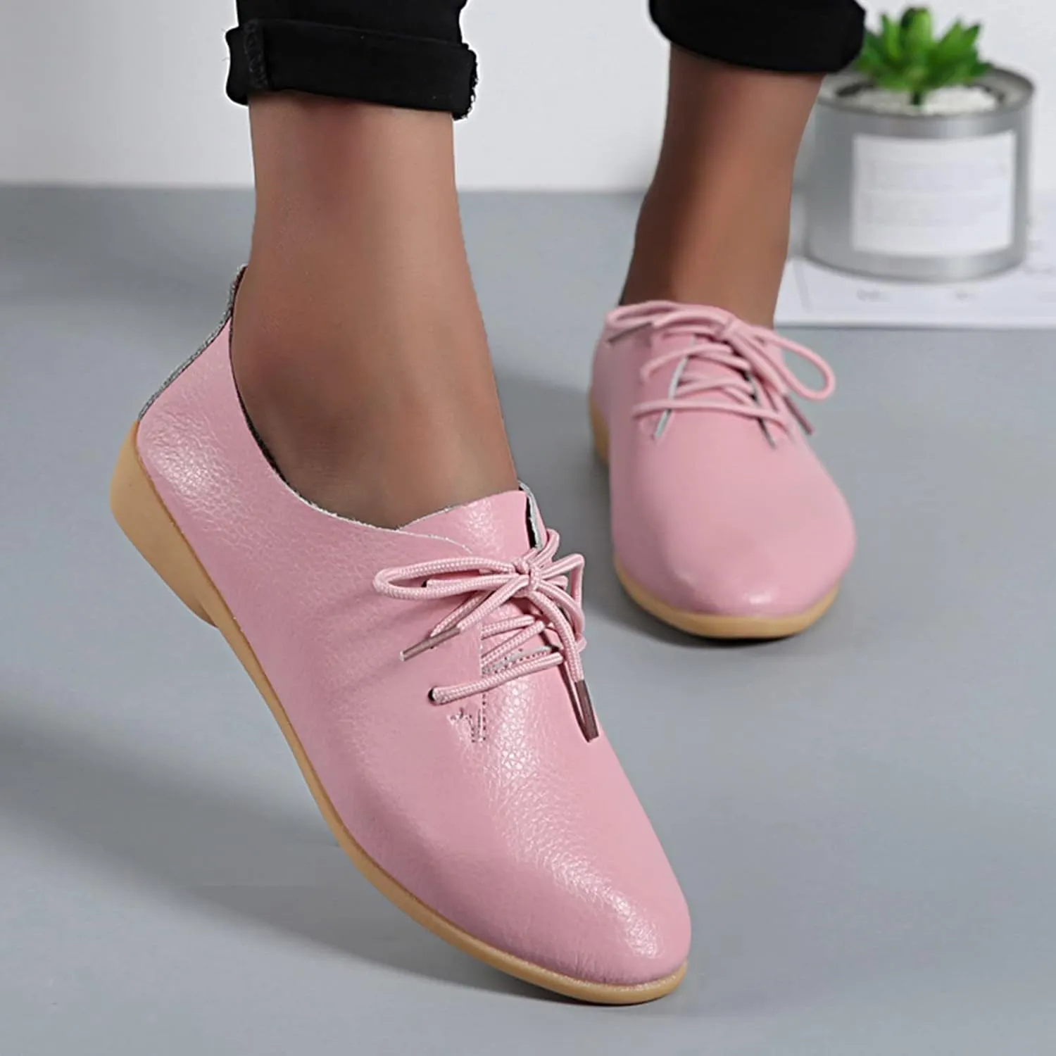 Women's Leather Lace Up Oxfords Sneakers Comfortable Slip-On Business Shoes Dressy Low Heel Walking Shoes Lightweight Breathable Sneakers