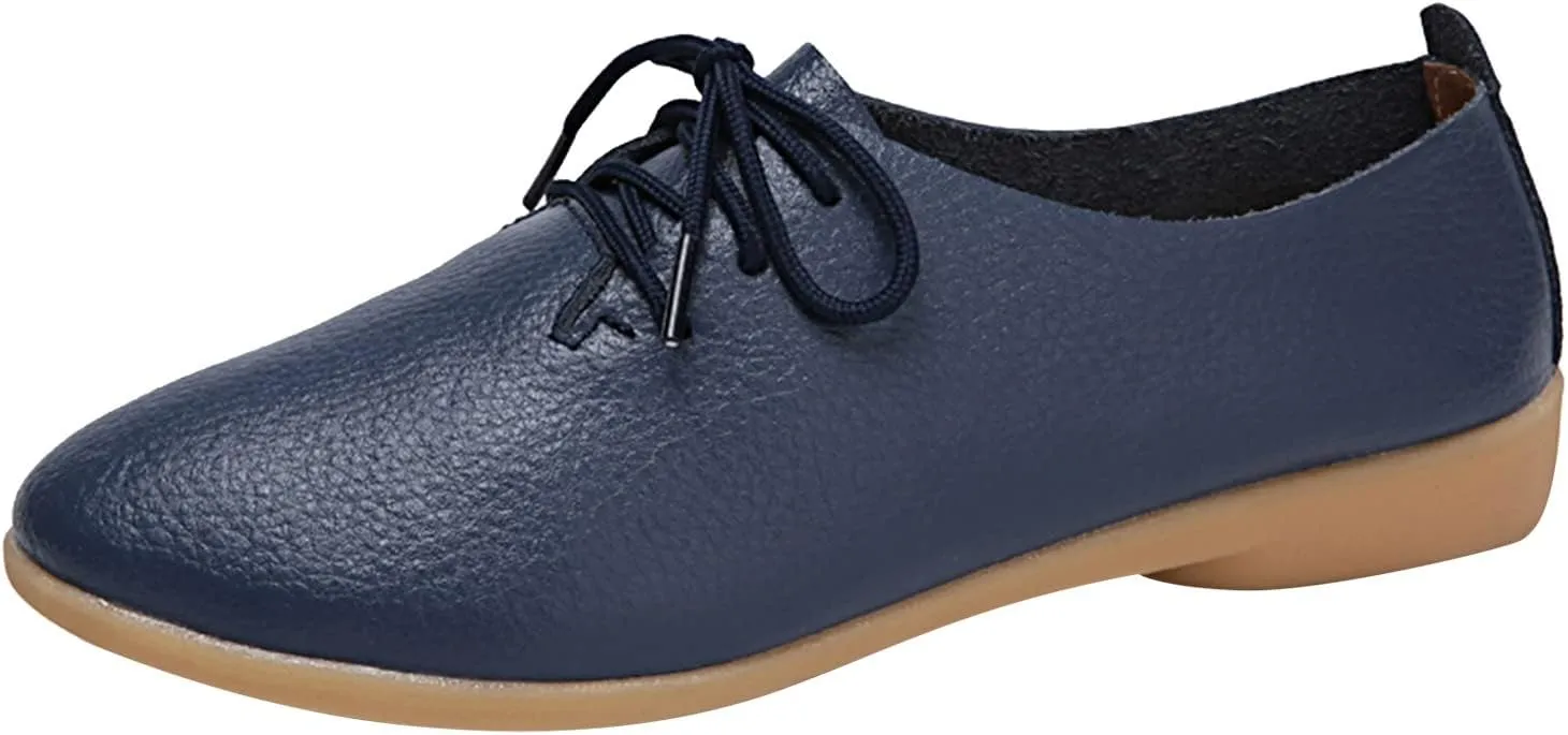 Women's Leather Lace Up Oxfords Sneakers Comfortable Slip-On Business Shoes Dressy Low Heel Walking Shoes Lightweight Breathable Sneakers