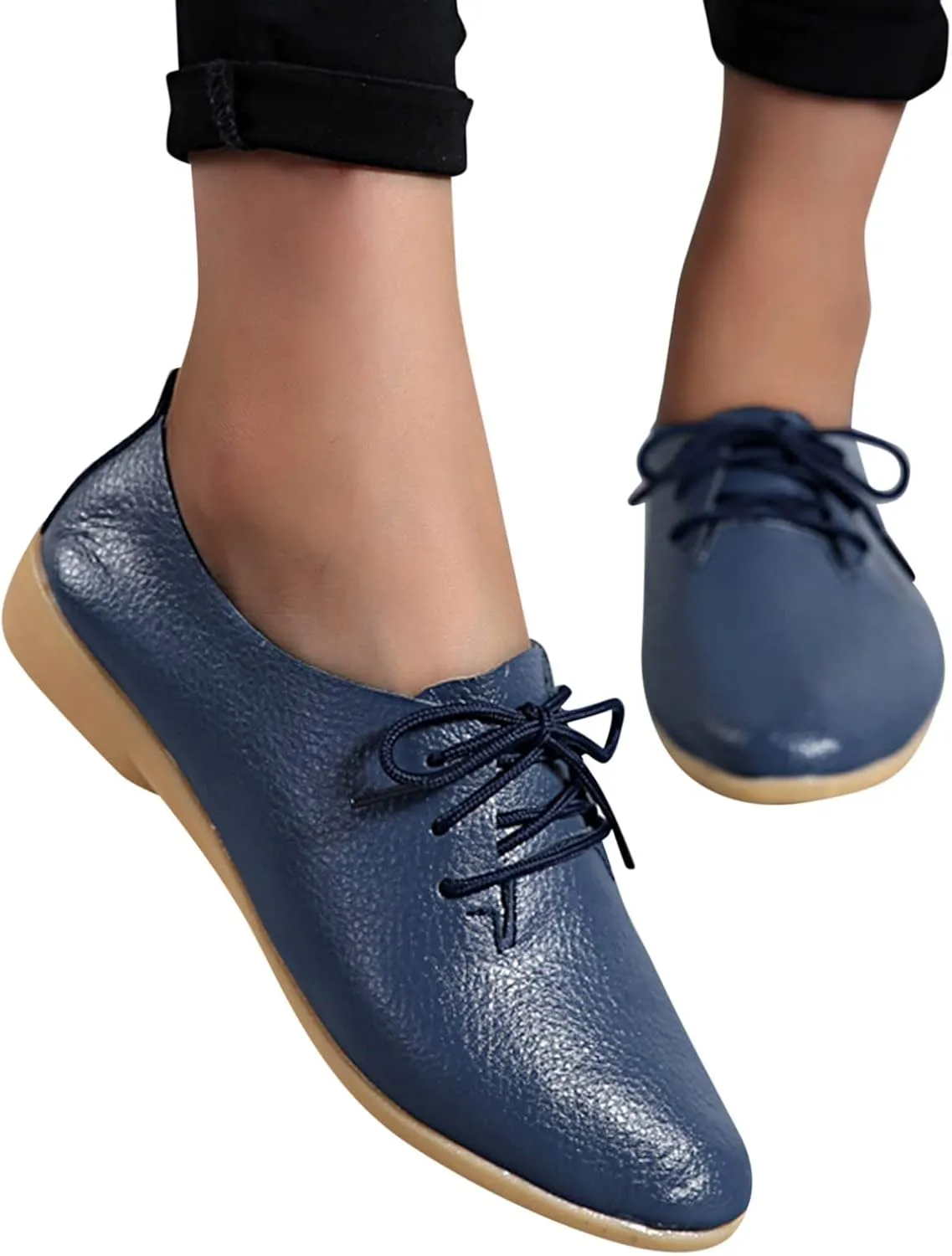 Women's Leather Lace Up Oxfords Sneakers Comfortable Slip-On Business Shoes Dressy Low Heel Walking Shoes Lightweight Breathable Sneakers