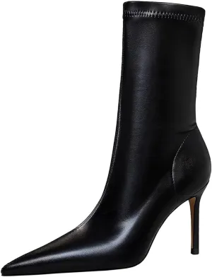Women'S Leather Pointed Toe Stiletto Ankle Boots Fashion Closed Toe Handmade Slip-On Heeled Booties For Prom Office Dress Boots