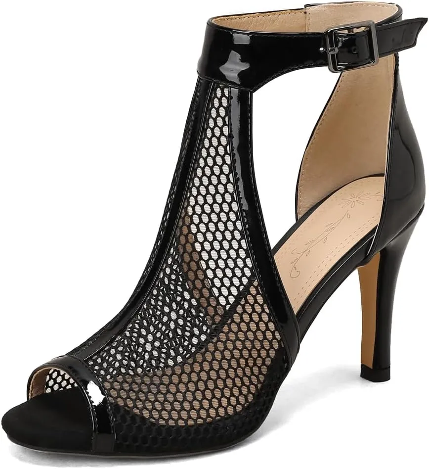 Women's Peep Toe T-strap Stilettos Heeled Sandals Summer Mesh Ankle Strap High Heels Dressy Sandal