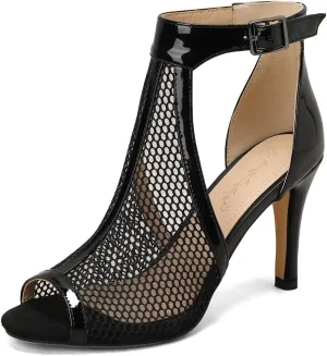 Women's Peep Toe T-strap Stilettos Heeled Sandals Summer Mesh Ankle Strap High Heels Dressy Sandal