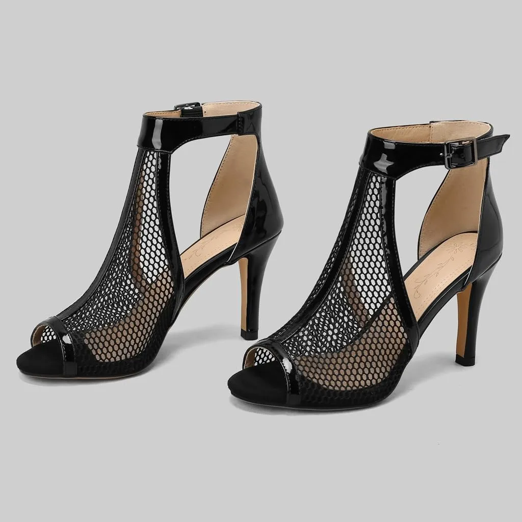 Women's Peep Toe T-strap Stilettos Heeled Sandals Summer Mesh Ankle Strap High Heels Dressy Sandal