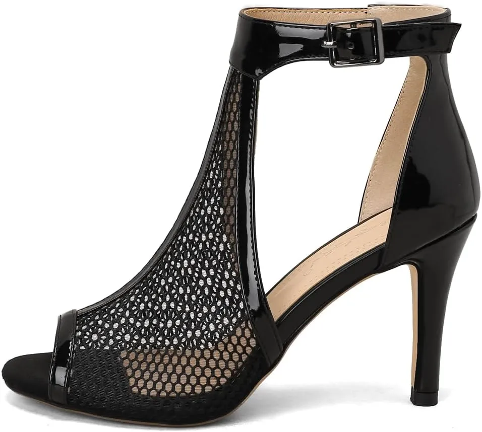 Women's Peep Toe T-strap Stilettos Heeled Sandals Summer Mesh Ankle Strap High Heels Dressy Sandal