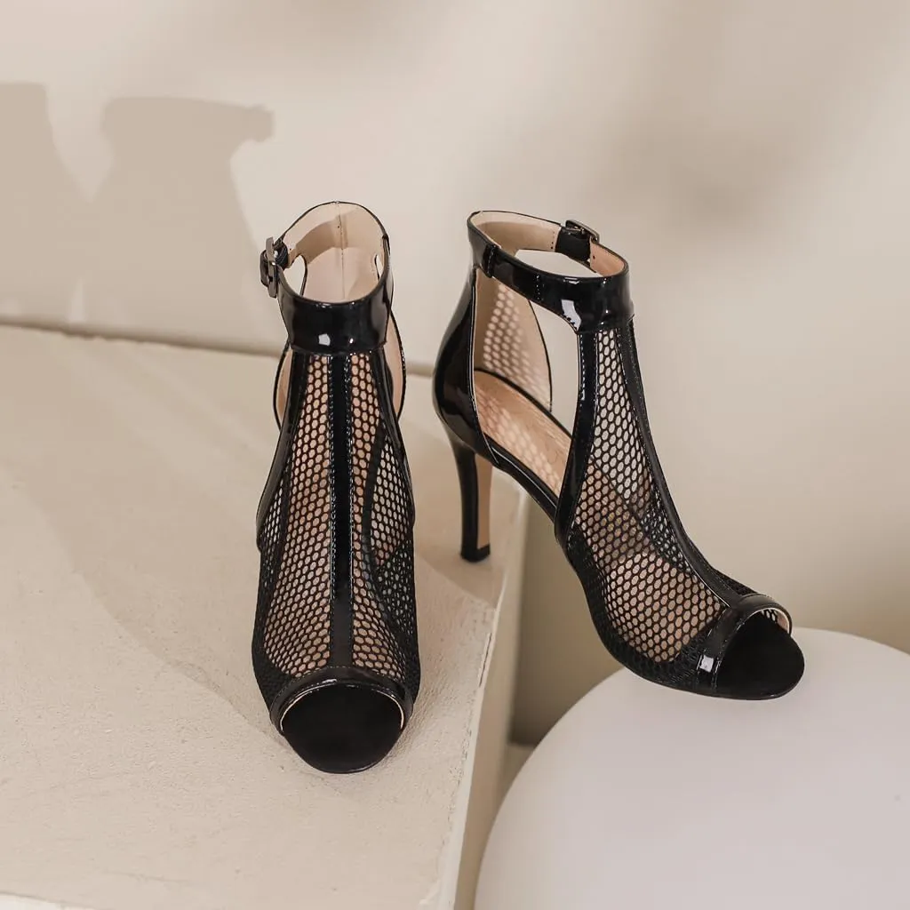 Women's Peep Toe T-strap Stilettos Heeled Sandals Summer Mesh Ankle Strap High Heels Dressy Sandal