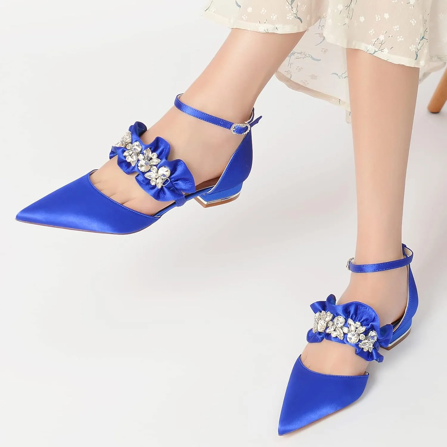 Women's Satin Sparkly Rhinestone Strappy Flat Sandals Bridal Wedding Dress Shoes for Bride Flats Pointed Toe Closed Toe Low Heels Pump