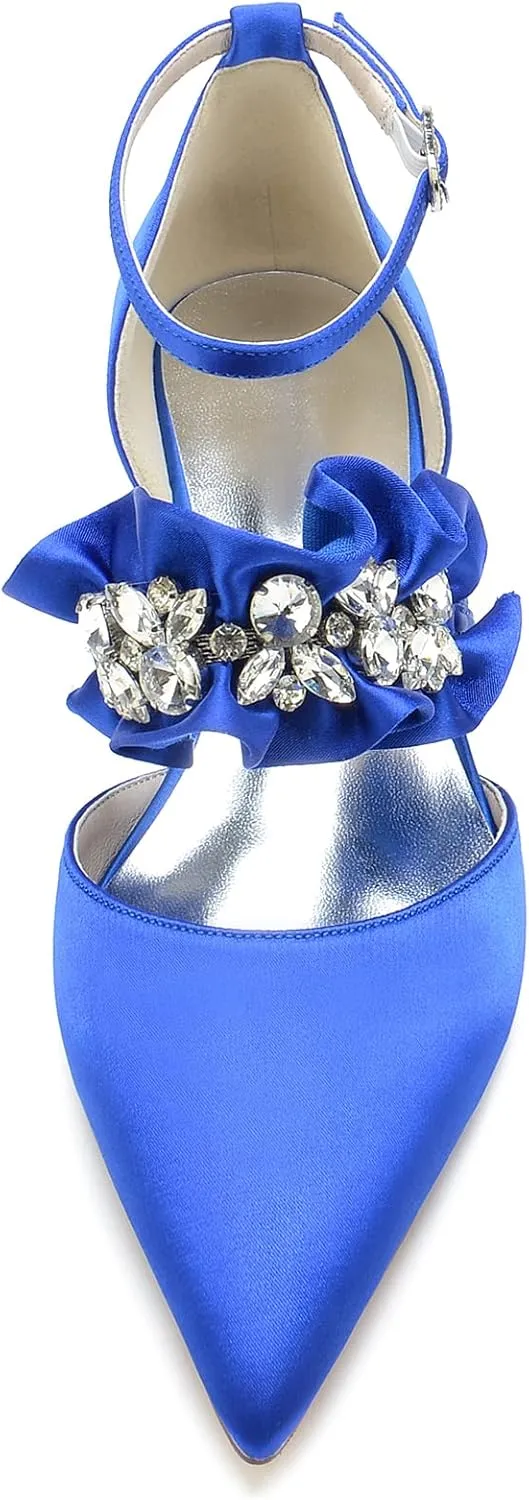 Women's Satin Sparkly Rhinestone Strappy Flat Sandals Bridal Wedding Dress Shoes for Bride Flats Pointed Toe Closed Toe Low Heels Pump