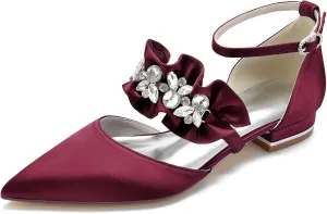 Women's Satin Sparkly Rhinestone Strappy Flat Sandals Bridal Wedding Dress Shoes for Bride Flats Pointed Toe Closed Toe Low Heels Pump