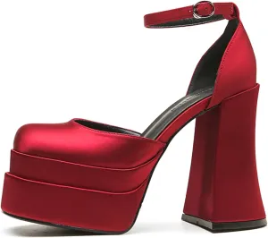 Womens Satin Square Toe Platform Chunky High Heel Pumps Fashion Adjustable Ankle Strap Closed Toe Sexy Block Heels Wedding Evening Party Dress Shoes