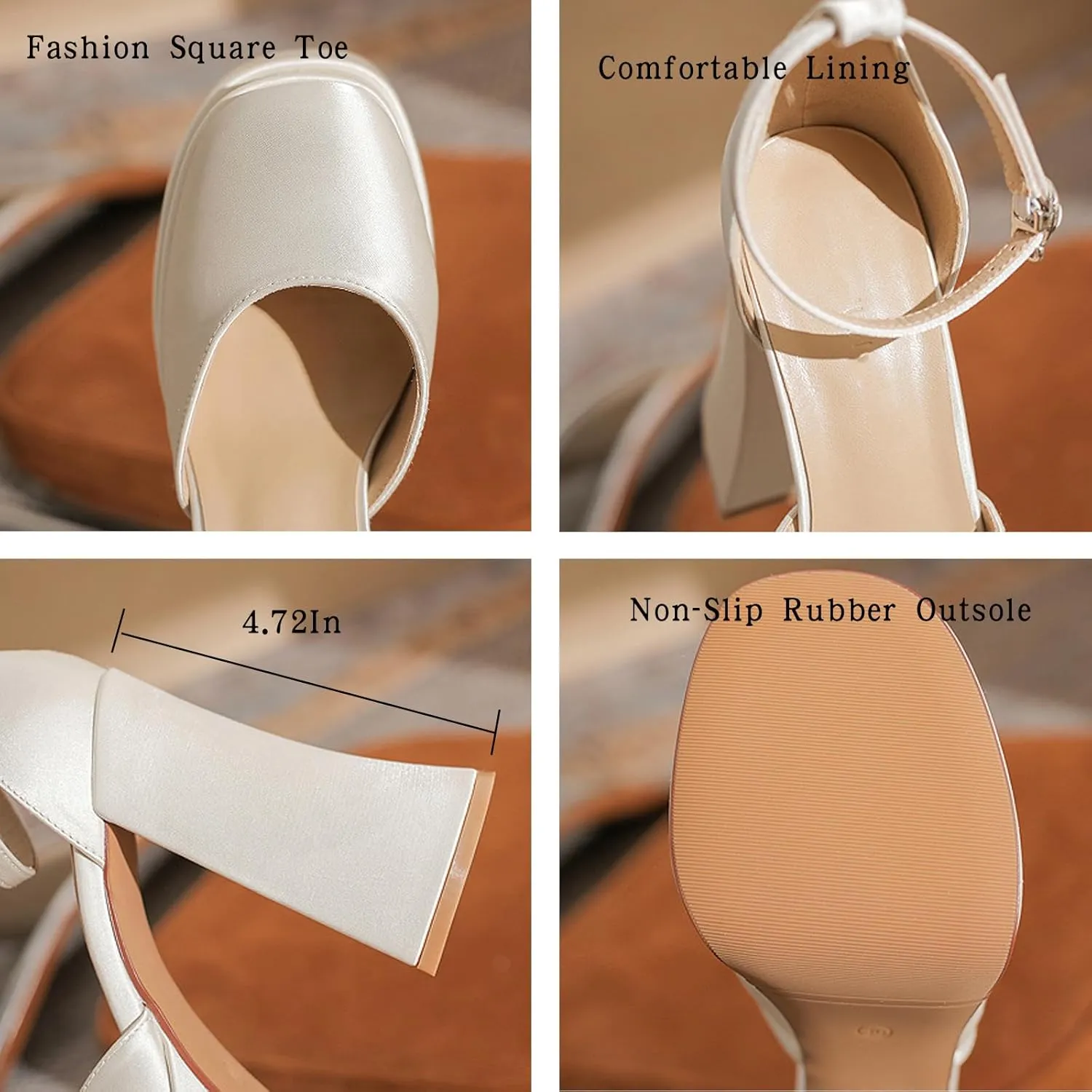 Womens Satin Square Toe Platform Chunky High Heel Pumps Fashion Adjustable Ankle Strap Closed Toe Sexy Block Heels Wedding Evening Party Dress Shoes